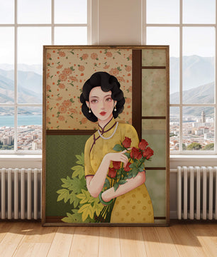 Mujer elegante con fondo floral sosteniendo un ramo