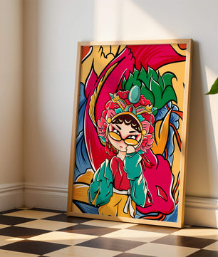Vibrant illustration featuring a character in traditional costume with dragon elements