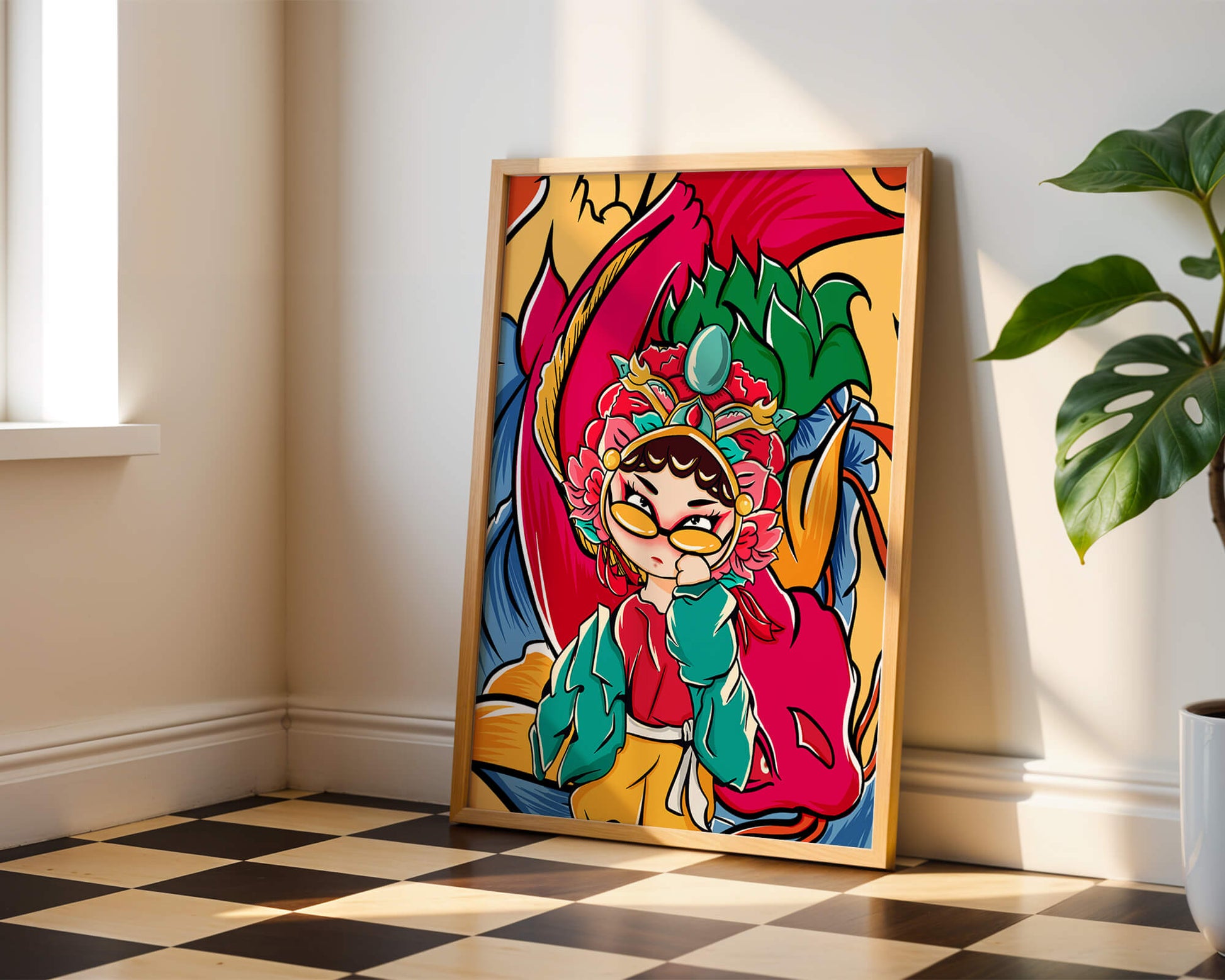Vibrant illustration featuring a character in traditional costume with dragon elements