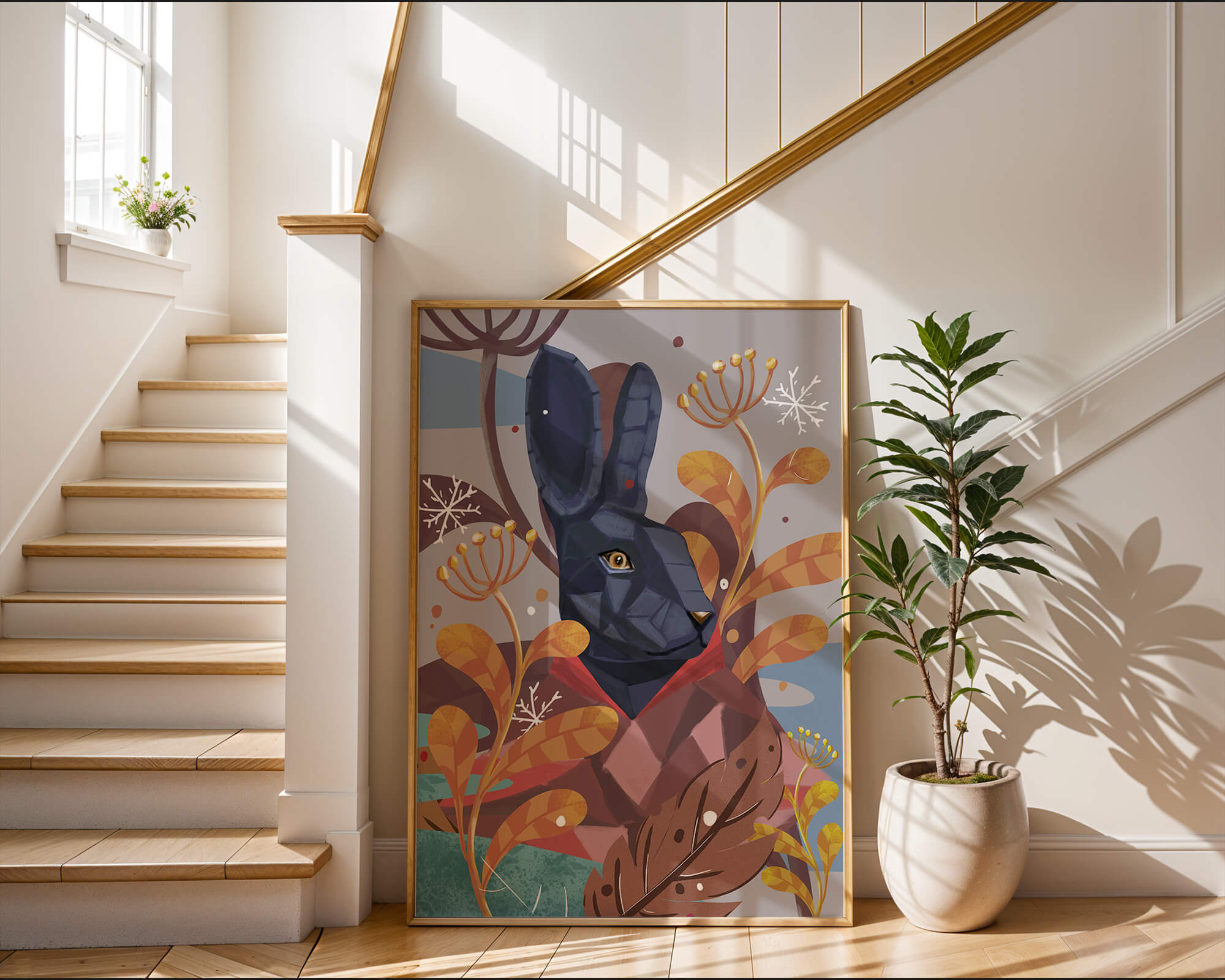 Abstract geometric rabbit in a vibrant autumn floral setting