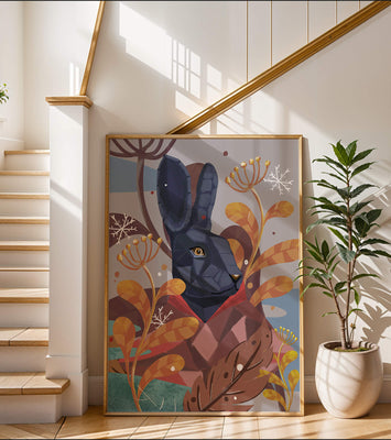Abstract geometric rabbit in a vibrant autumn floral setting