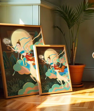 Ilustración serena de una mujer mística con ciervos en un paisaje iluminado por la luna