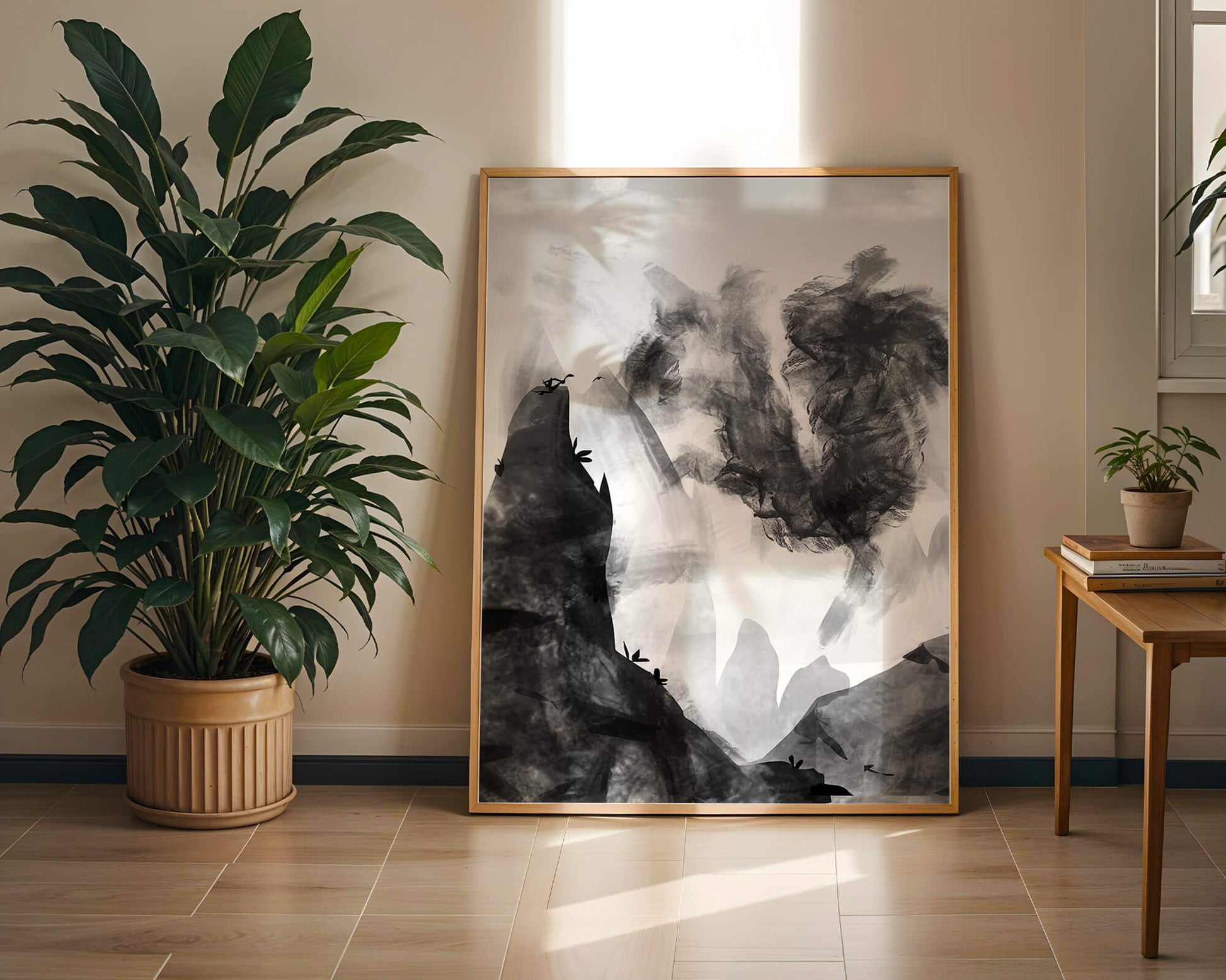 Paisaje monocromático con montañas y nubes abstractas