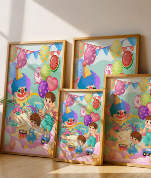 Colorful clown-themed children's party with balloons and toys