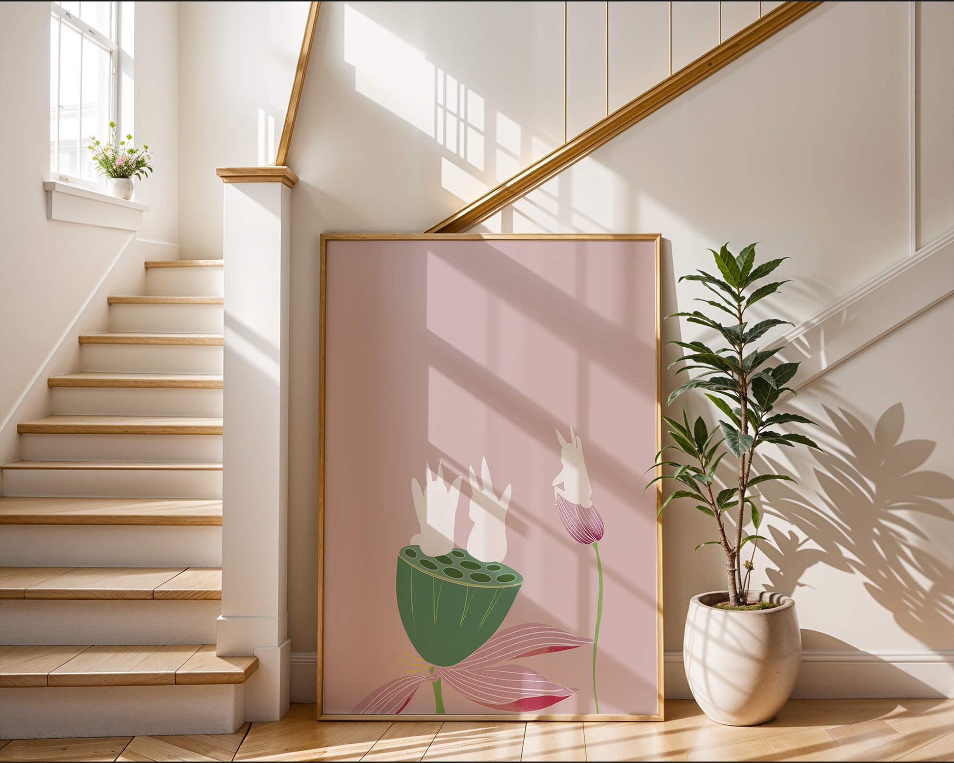 Whimsical Rabbits on Lotus with Pink Background