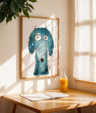 Illustration fantaisiste d’un chien bleu aux traits expressifs