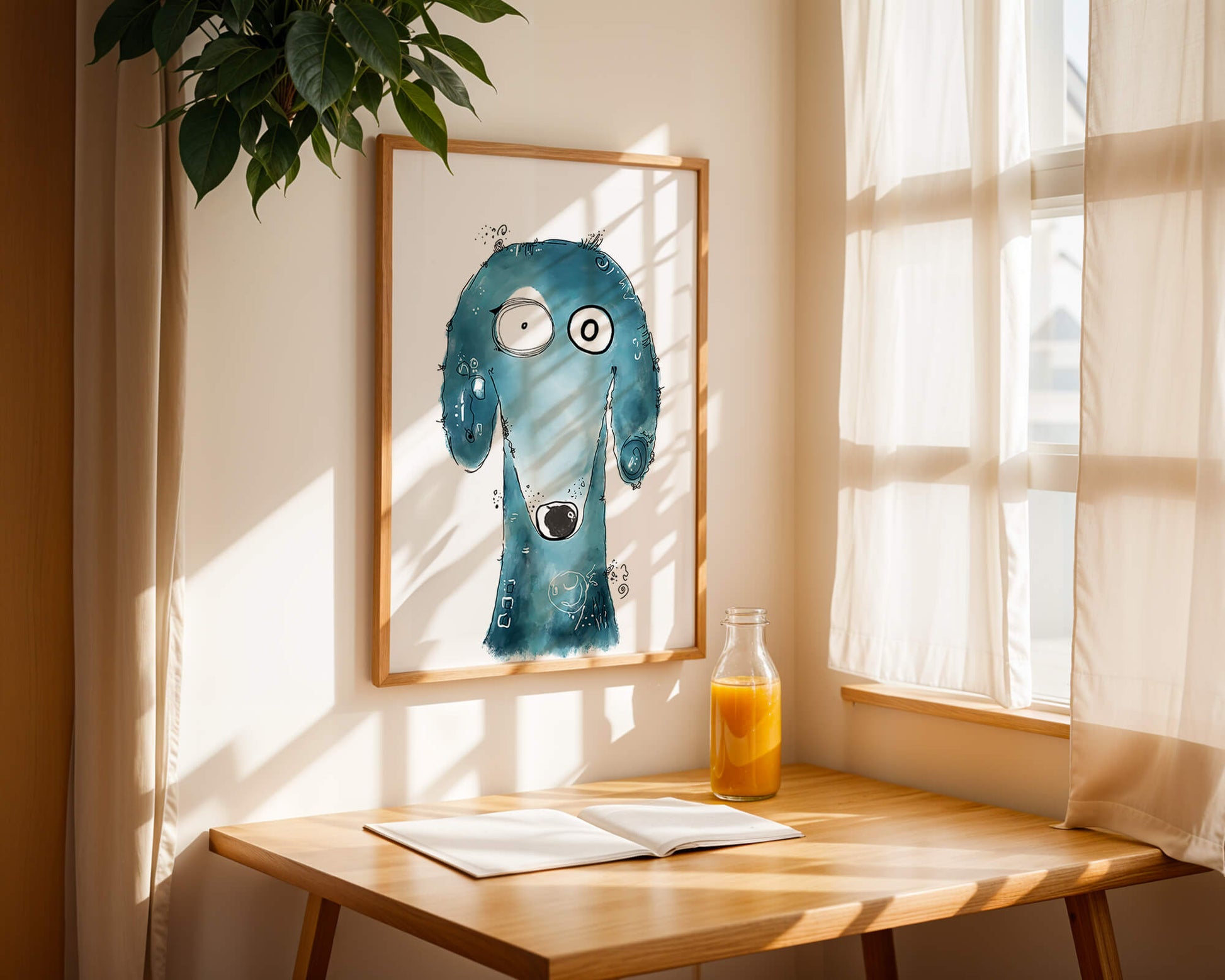 Whimsical blue dog illustration with expressive features