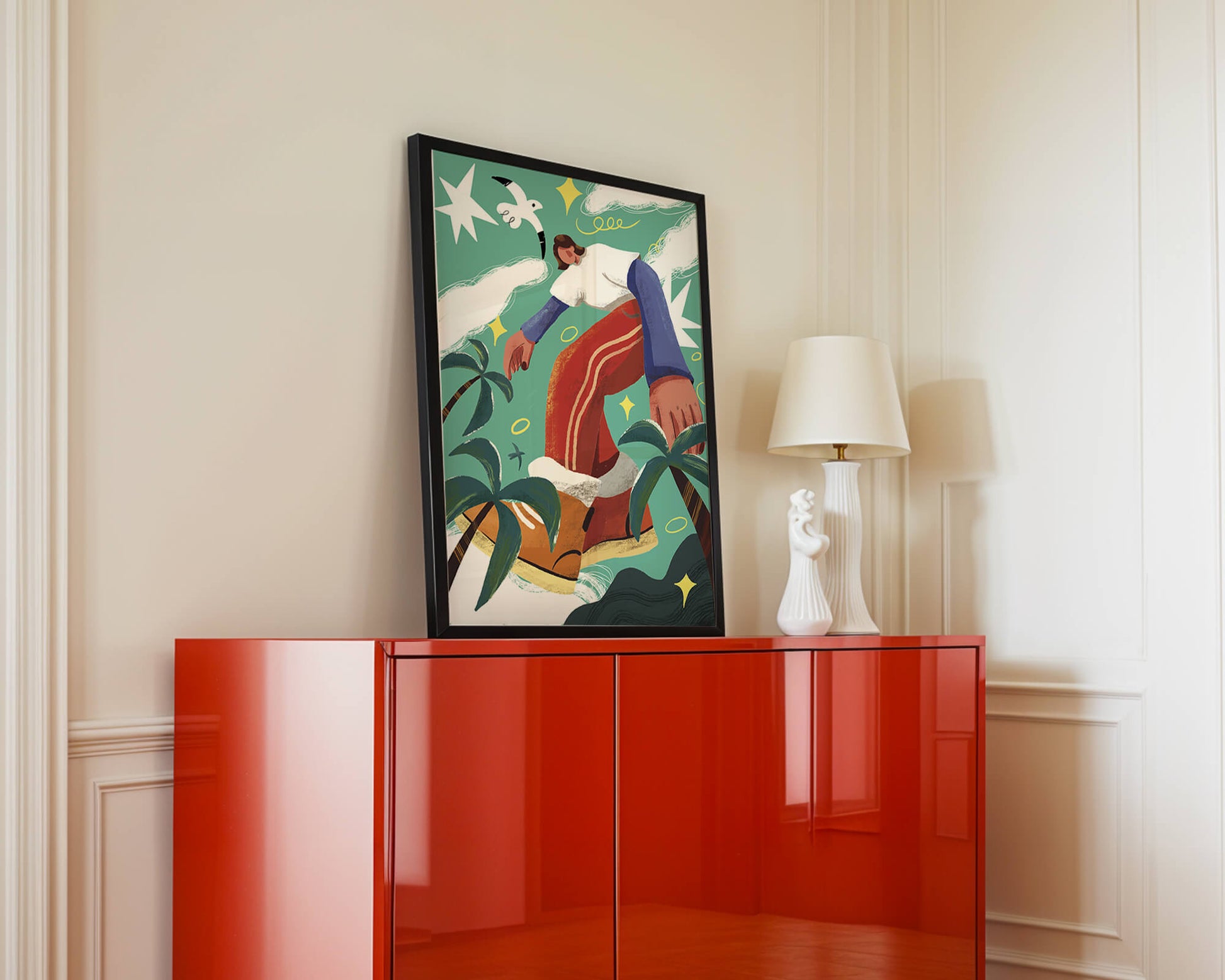 Colorful Abstract Surreal Landscape with Giant Figure and Nature Elements