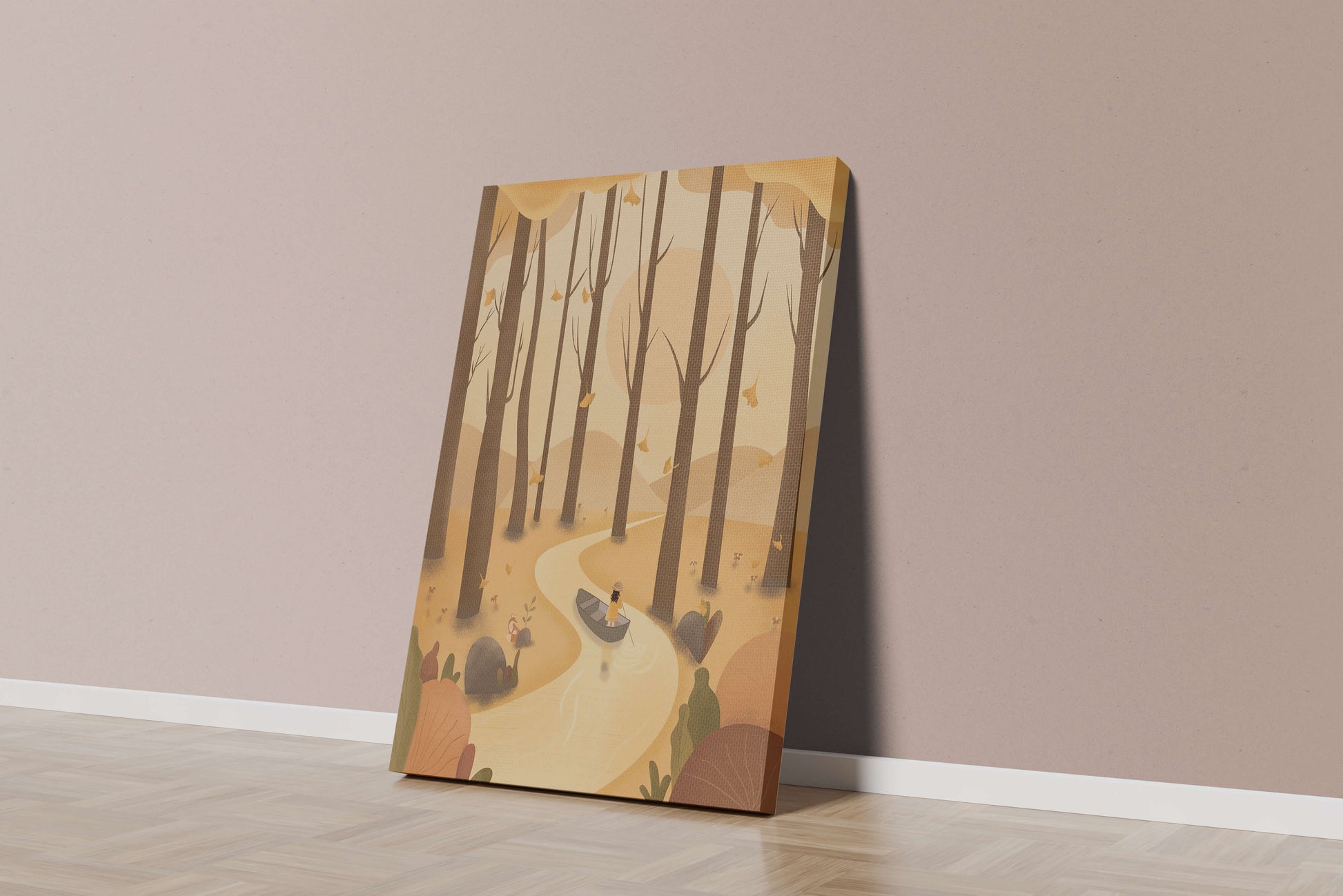 Serene autumn forest with river and boat in digital art scene