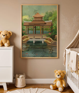 Traditional Japanese Garden Pavilion with Scenic Pond and Lush Greenery