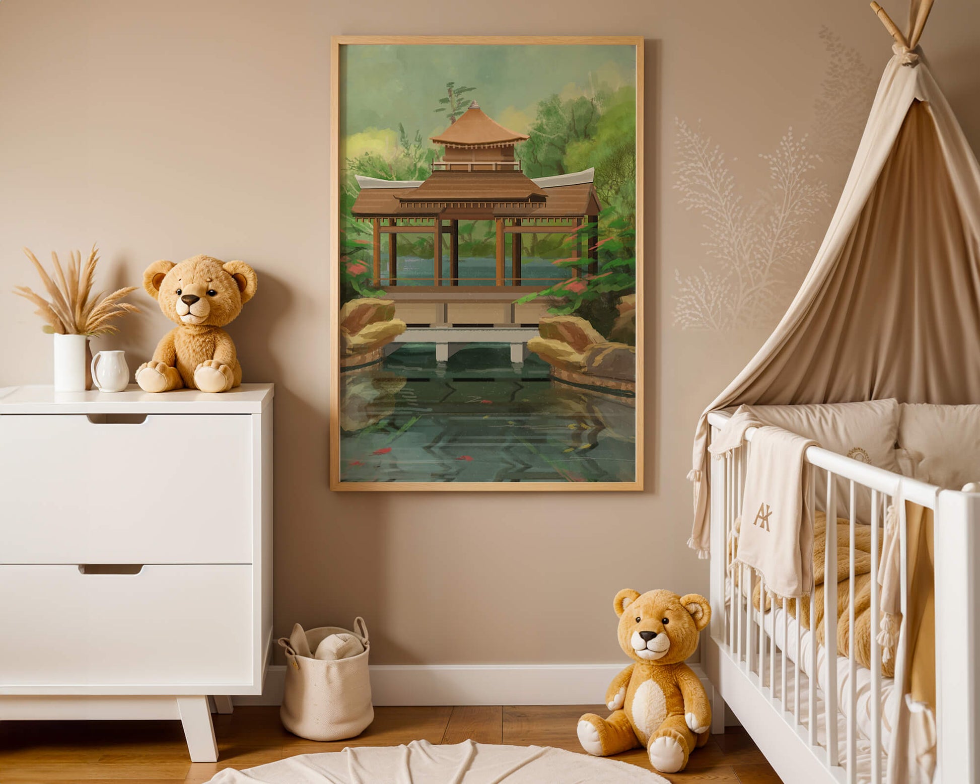 Traditional Japanese Garden Pavilion with Scenic Pond and Lush Greenery