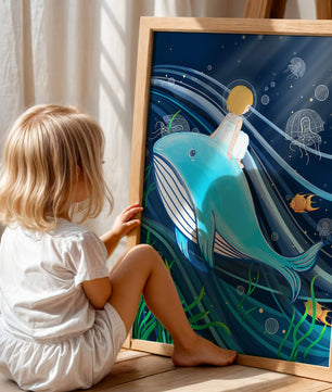 Whimsisches Unterwasserszenario mit Kind und Blauwal