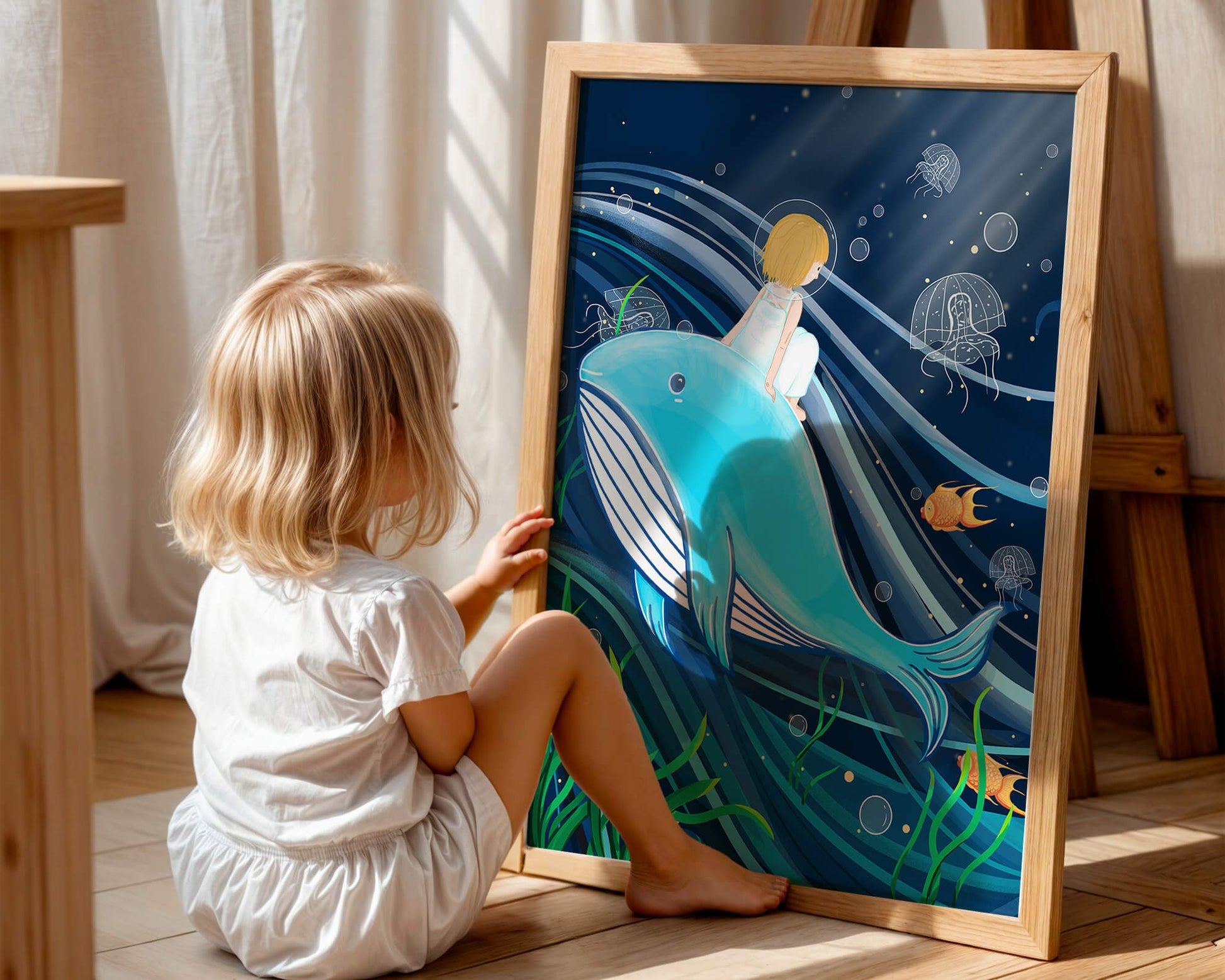 Whimsisches Unterwasserszenario mit Kind und Blauwal