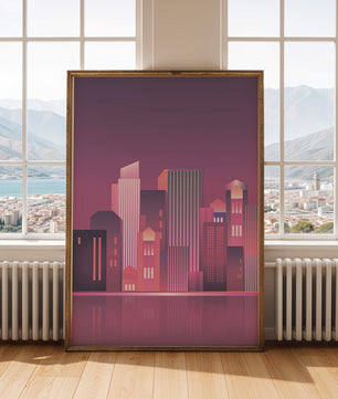 Modern Abstract Cityscape at Sunset with Reflective Water - Mi tienda