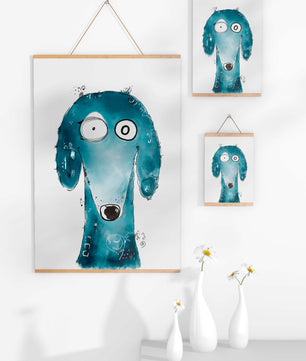 Illustration fantaisiste d’un chien bleu aux traits expressifs