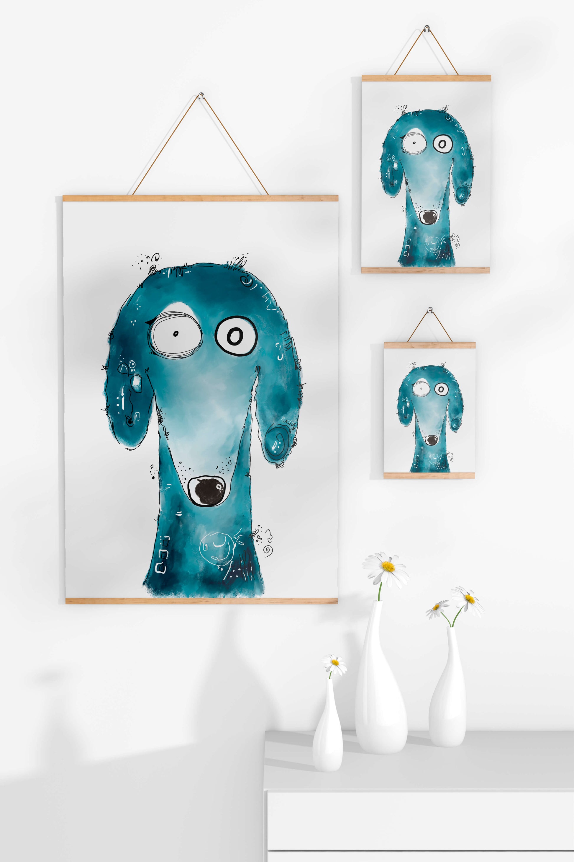 Whimsical blue dog illustration with expressive features