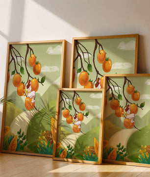 Femme assise sur un fruit orange dans un paysage surréaliste