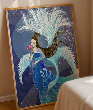 Elegant woman with floral motif and ethereal bird illustration