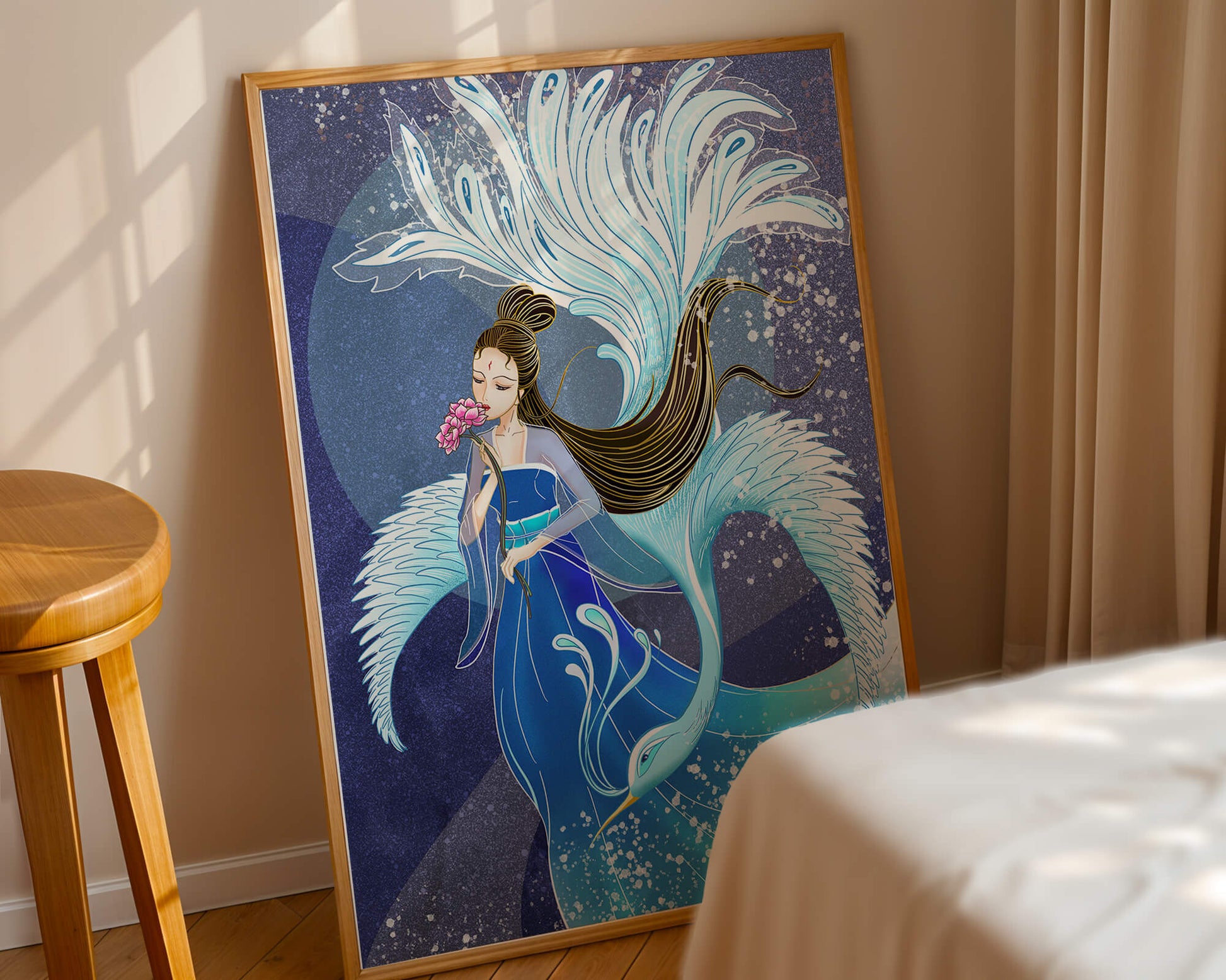 Elegant woman with floral motif and ethereal bird illustration
