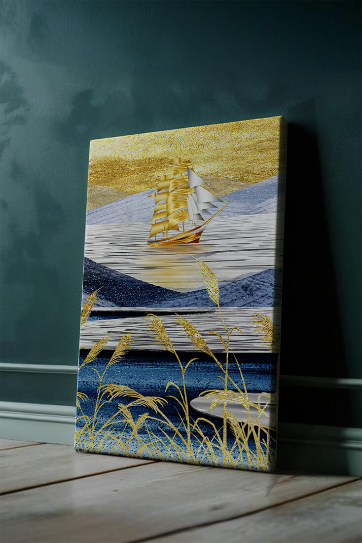 Golden Sailboat on Blue and Gold Landscape