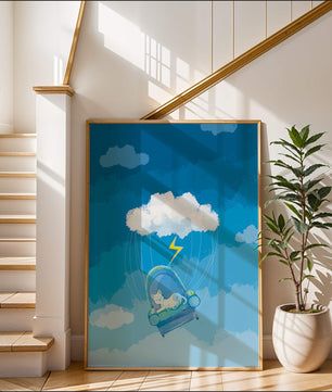 Gato soñador en un sillón flotante en un cielo nublado surrealista