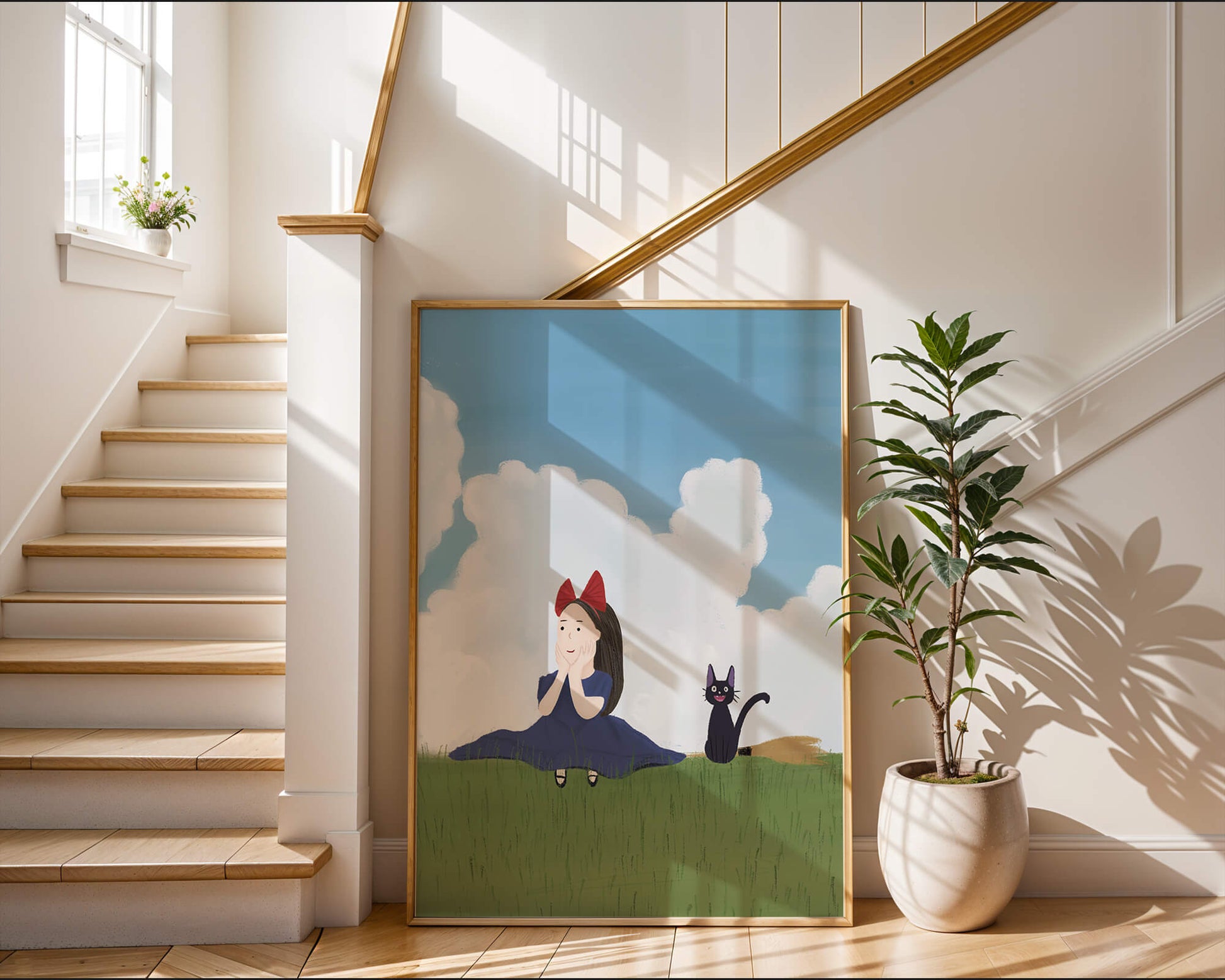 Girl with Red Bow and Cat in Lush Green Meadow