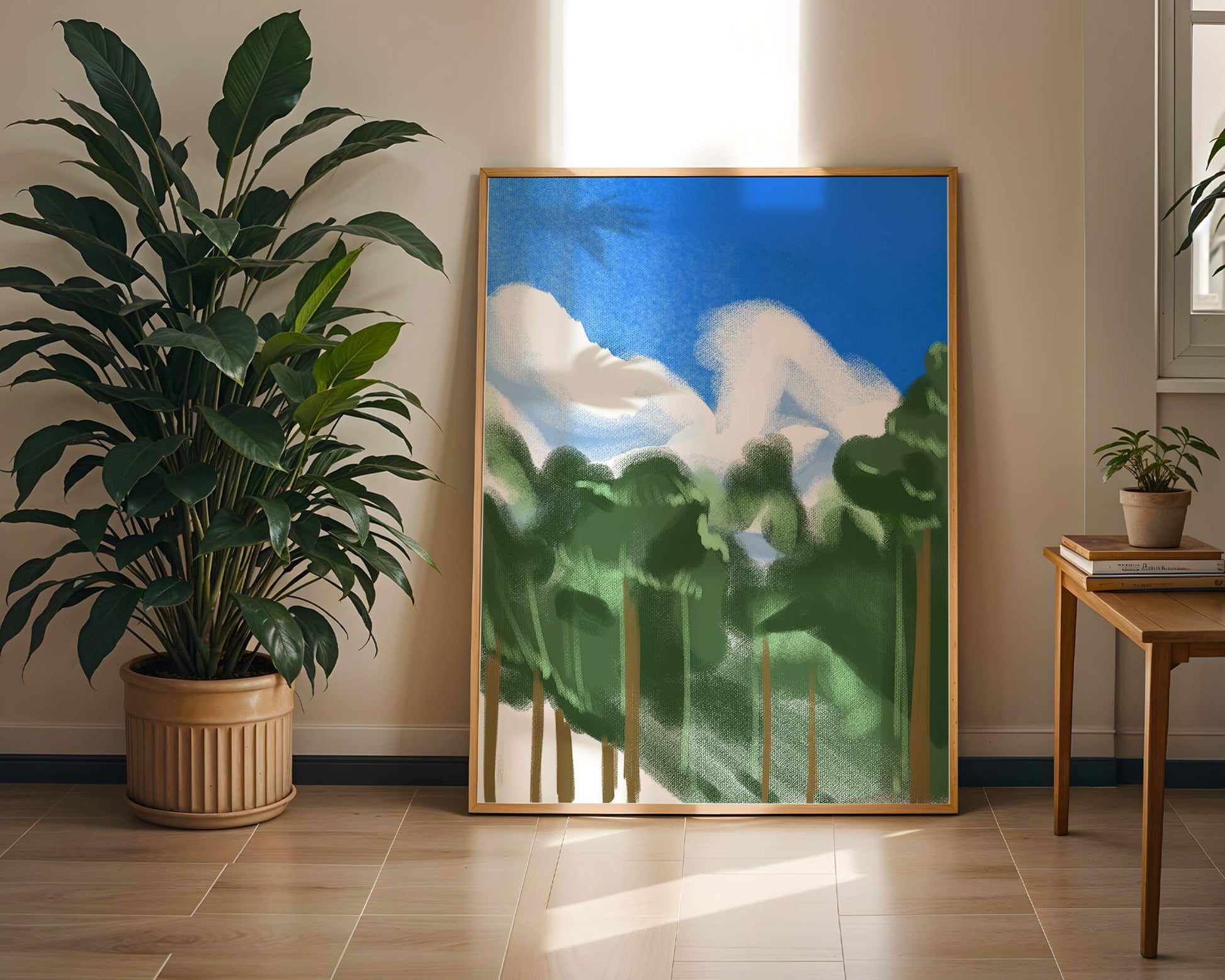 Malerische Waldlandschaft mit blauem Himmel und flauschigen Wolken