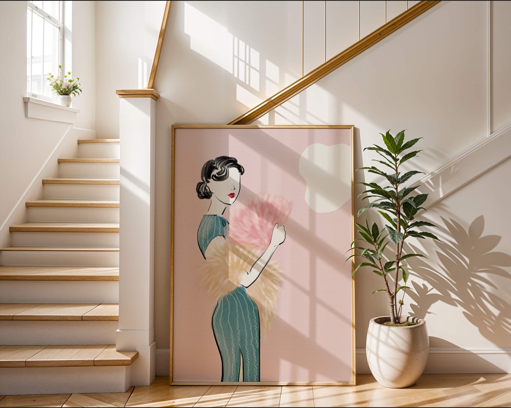 Elegant woman in vintage dress with pink background