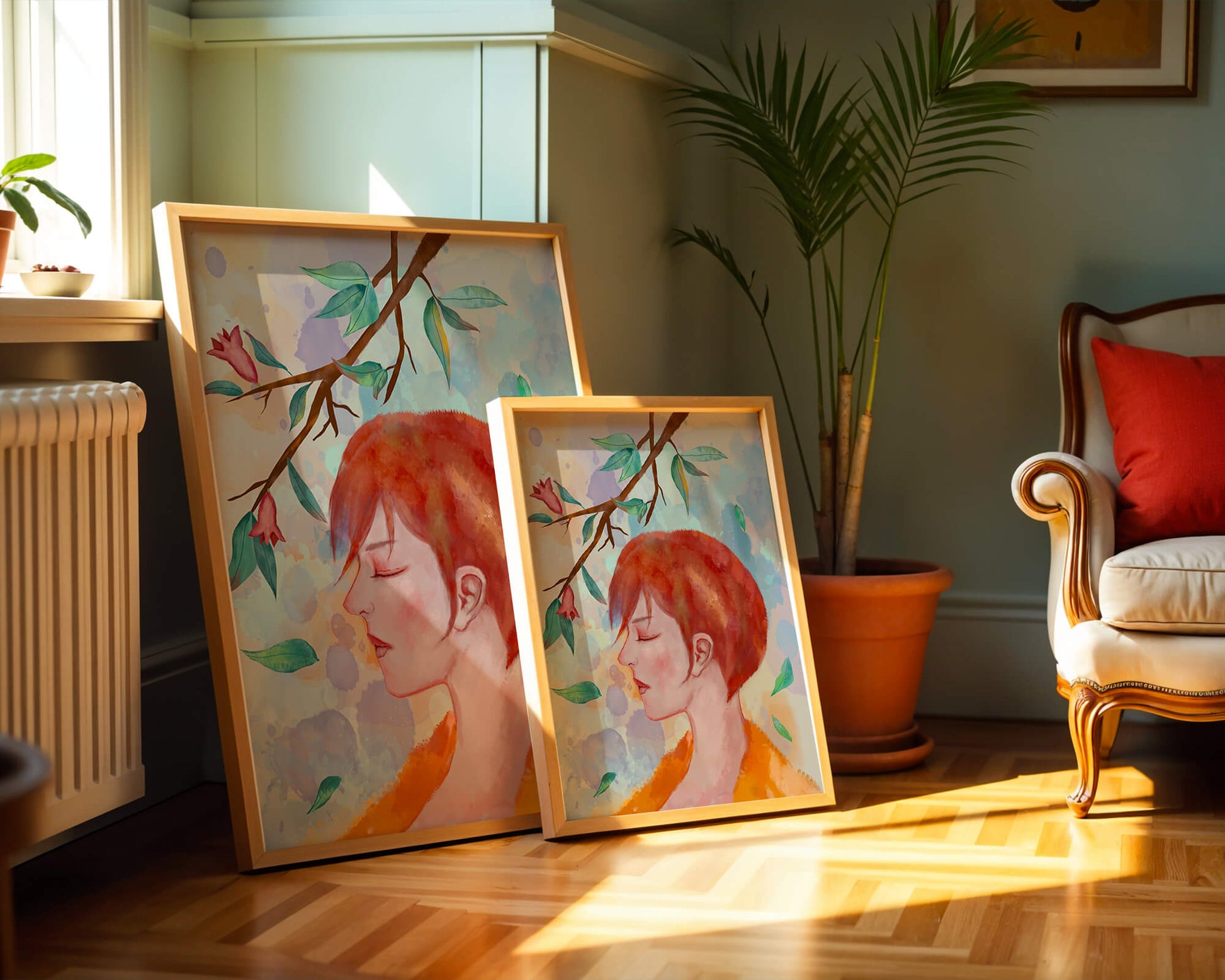 Illustrative artwork of a woman with red hair and floral branch