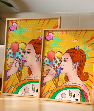 Retrato de mujer en arte pop colorido con globos y patrones vibrantes