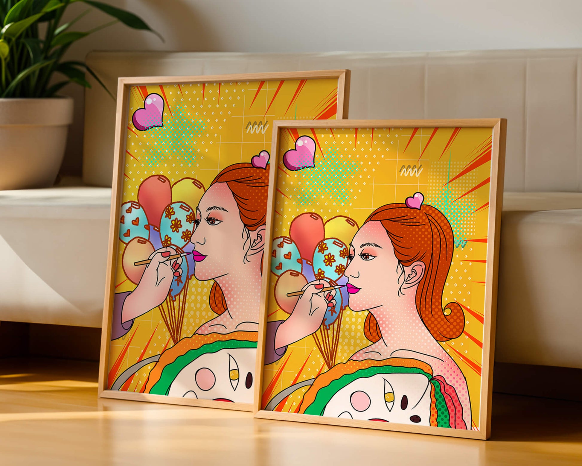 Colorful pop art woman portrait with balloons and vibrant patterns
