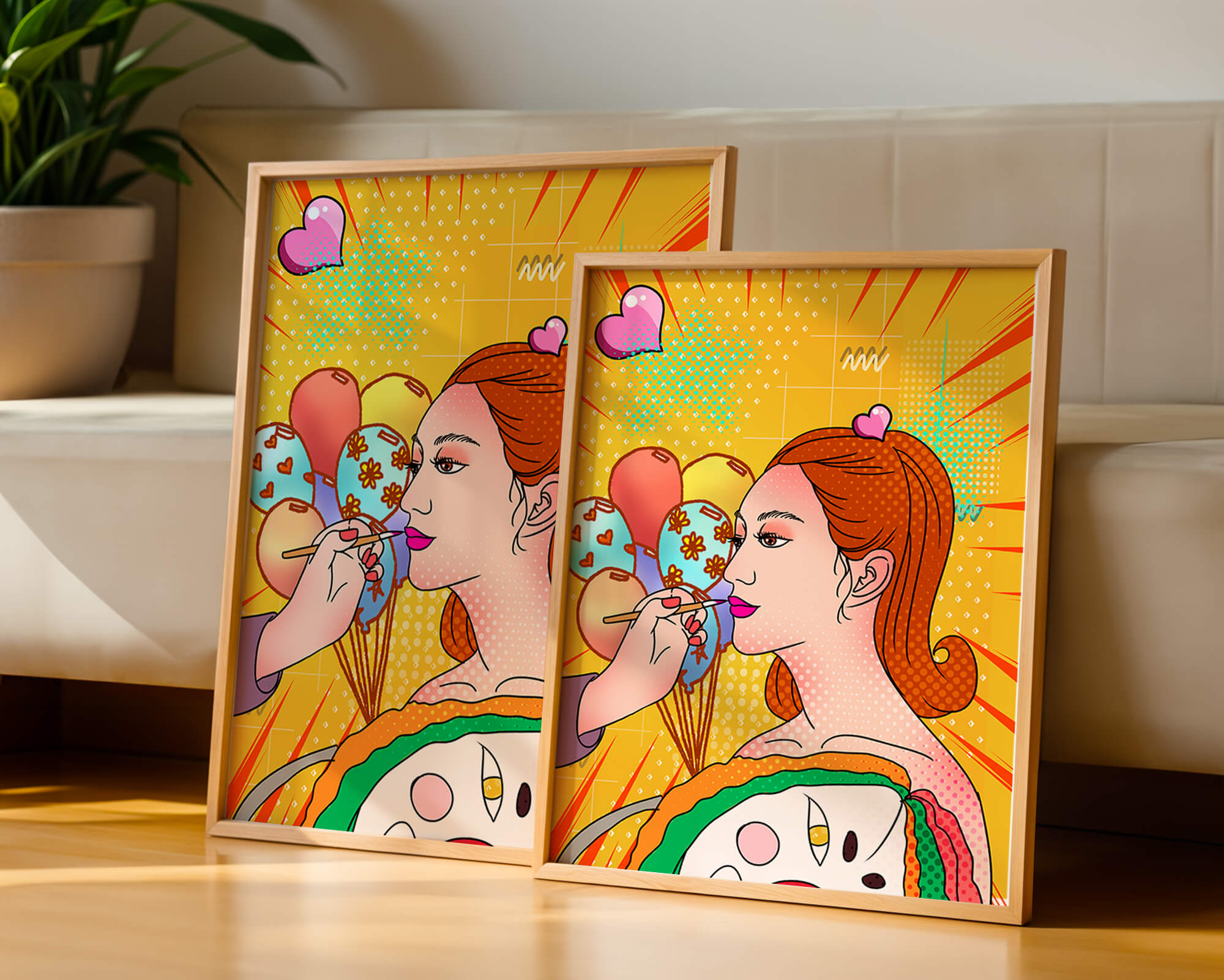 Colorful pop art woman portrait with balloons and vibrant patterns