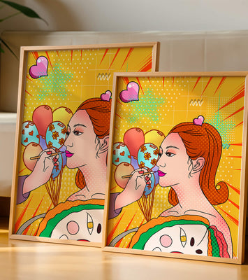 Colorful pop art woman portrait with balloons and vibrant patterns