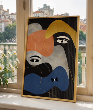Abstract geometric art with bold colors and gold accents