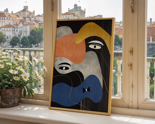 Abstract geometric art with bold colors and gold accents
