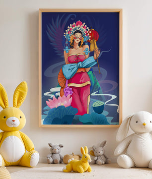 Colorful illustration of a woman in traditional attire with floral headdress