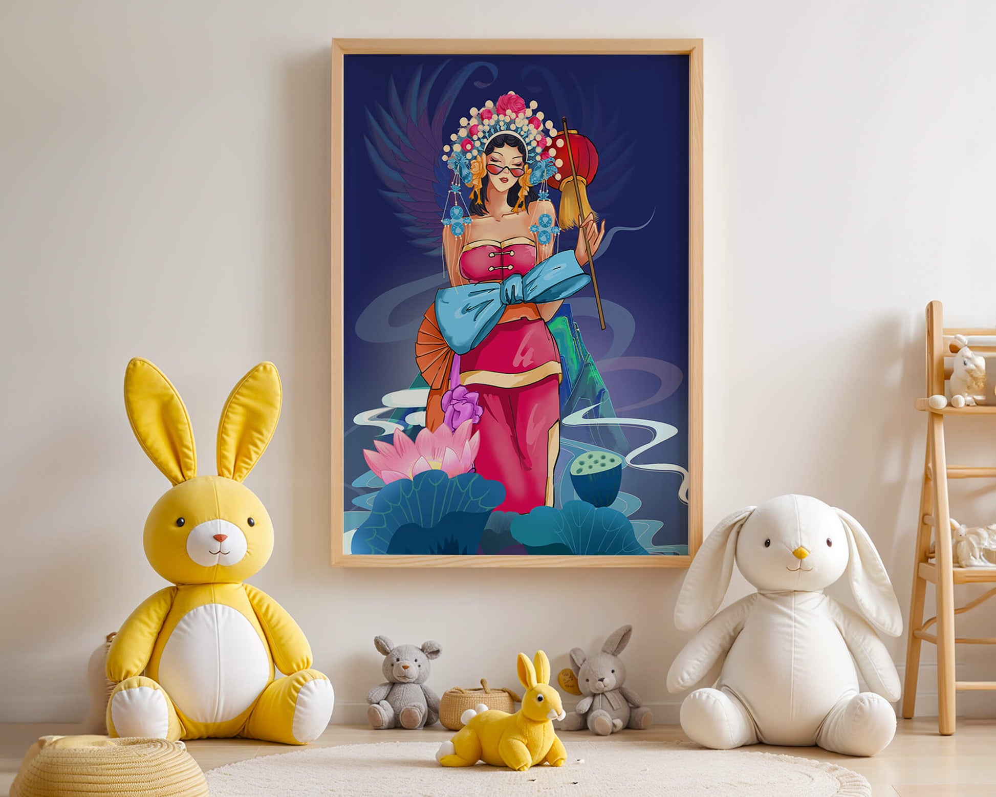 Colorful illustration of a woman in traditional attire with floral headdress