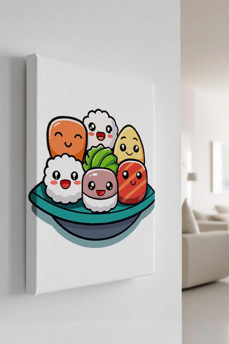 Adorable cartoon sushi characters in a bowl illustration