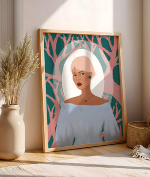 Illustration einer Frau mit einem pastellfarbenen Hintergrund aus abstrakten Bäumen