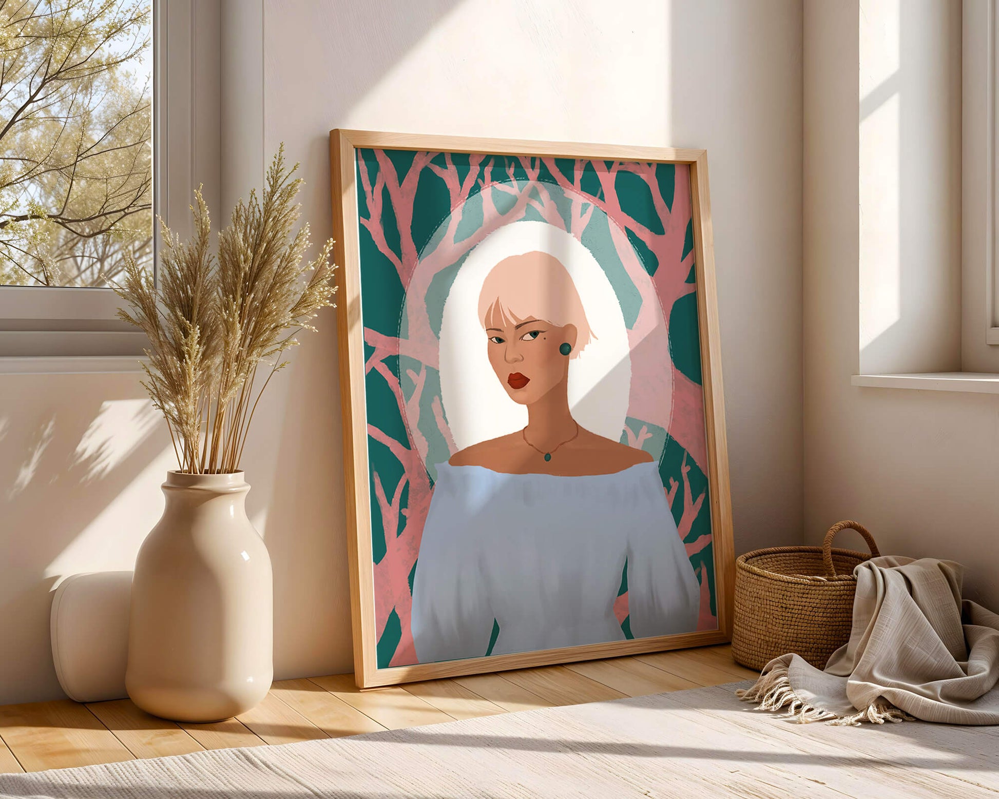 Illustration einer Frau mit einem pastellfarbenen Hintergrund aus abstrakten Bäumen