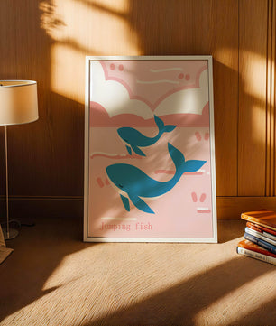 Playful whales illustration in pastel pink and blue