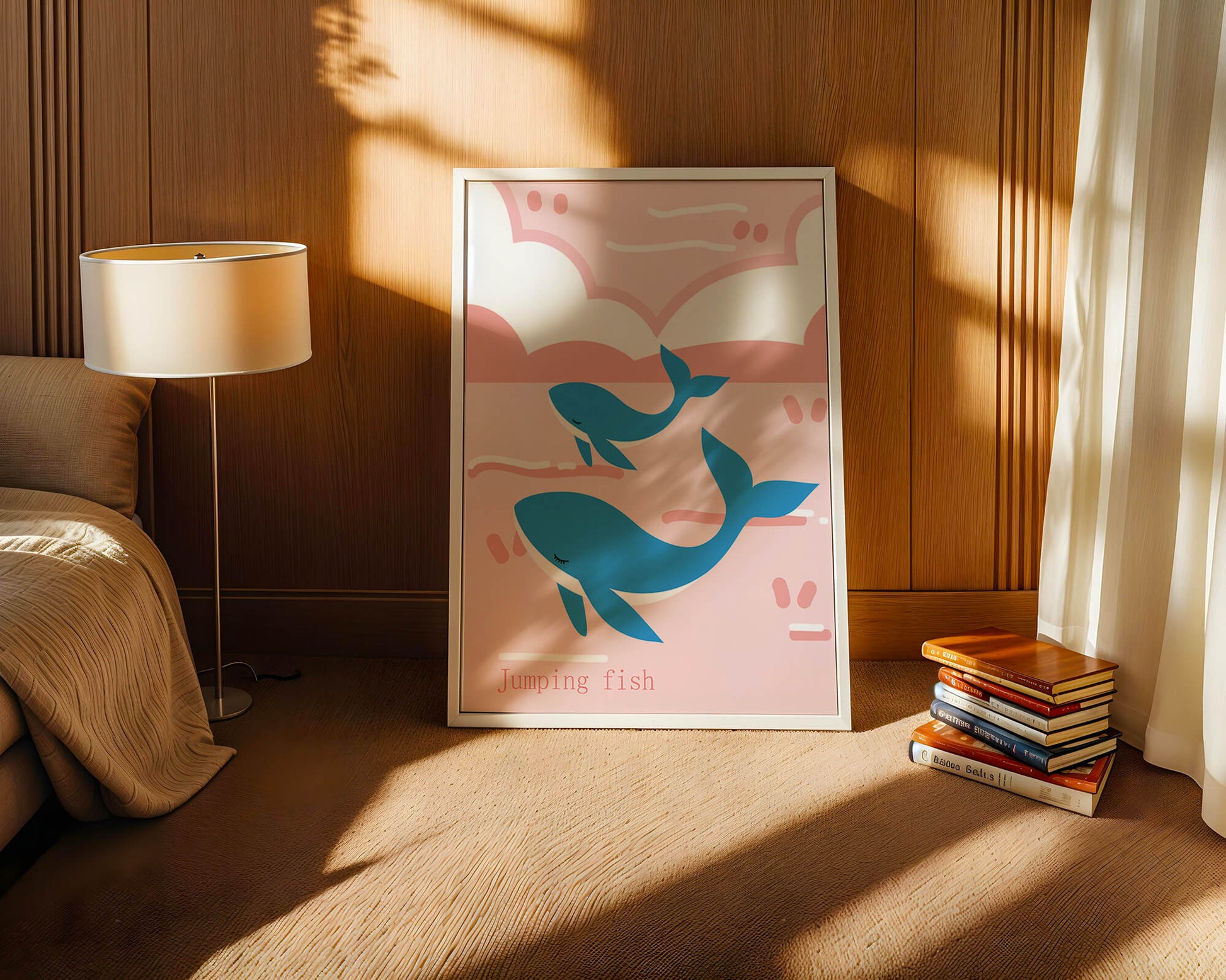 Playful whales illustration in pastel pink and blue