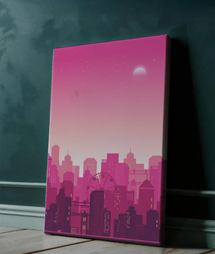 Skyline urbano al anochecer con degradado rosa y noria