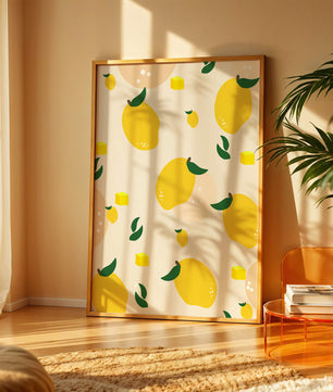 Playful lemon pattern with green leaves and abstract shapes