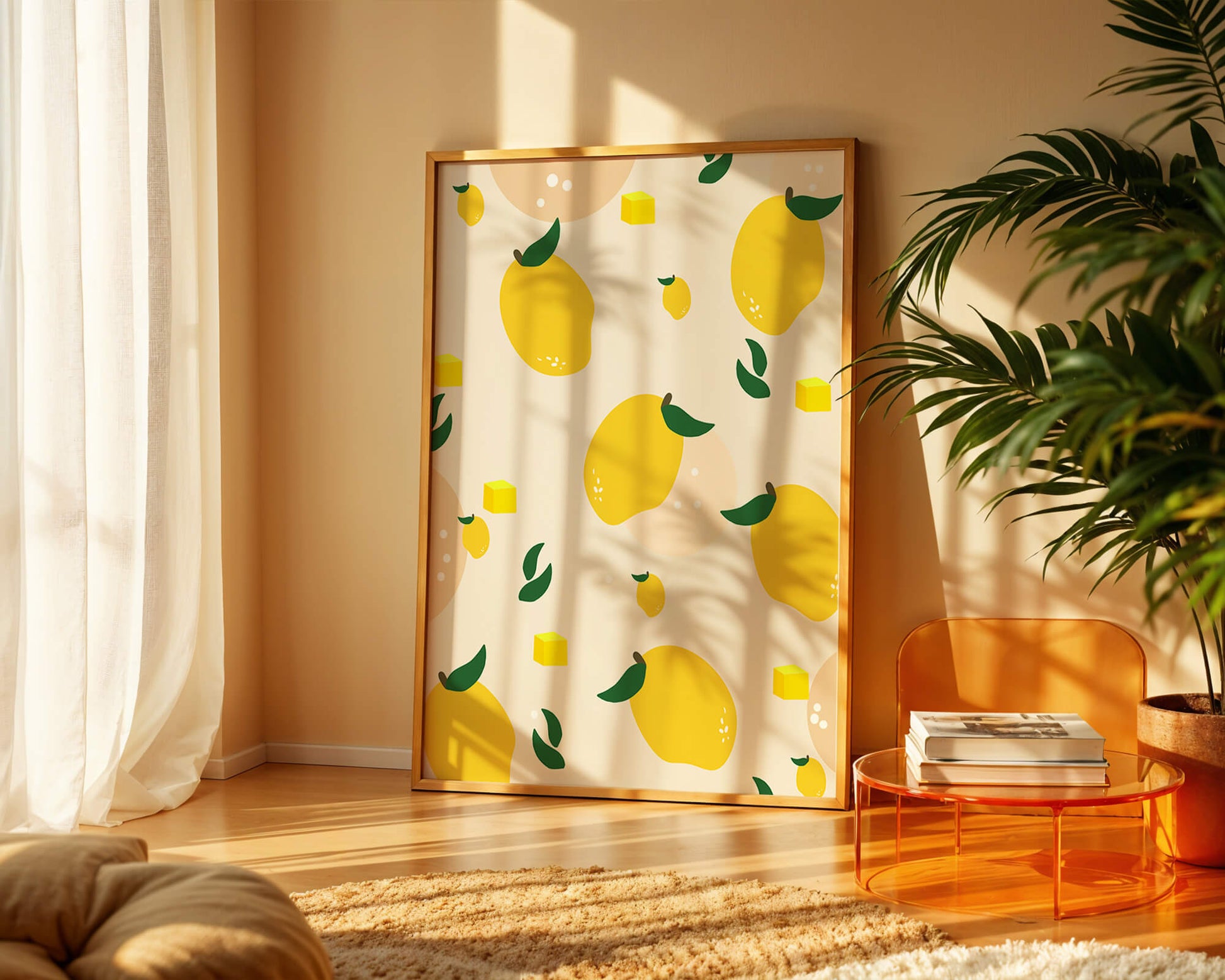 Playful lemon pattern with green leaves and abstract shapes