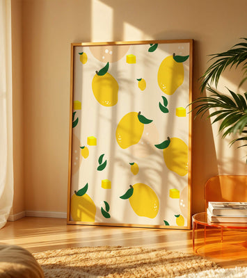 Playful lemon pattern with green leaves and abstract shapes