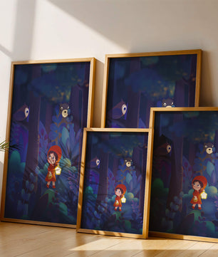 Little Girl in Red Hood Exploring Enchanted Forest at Night with Owl and Bear