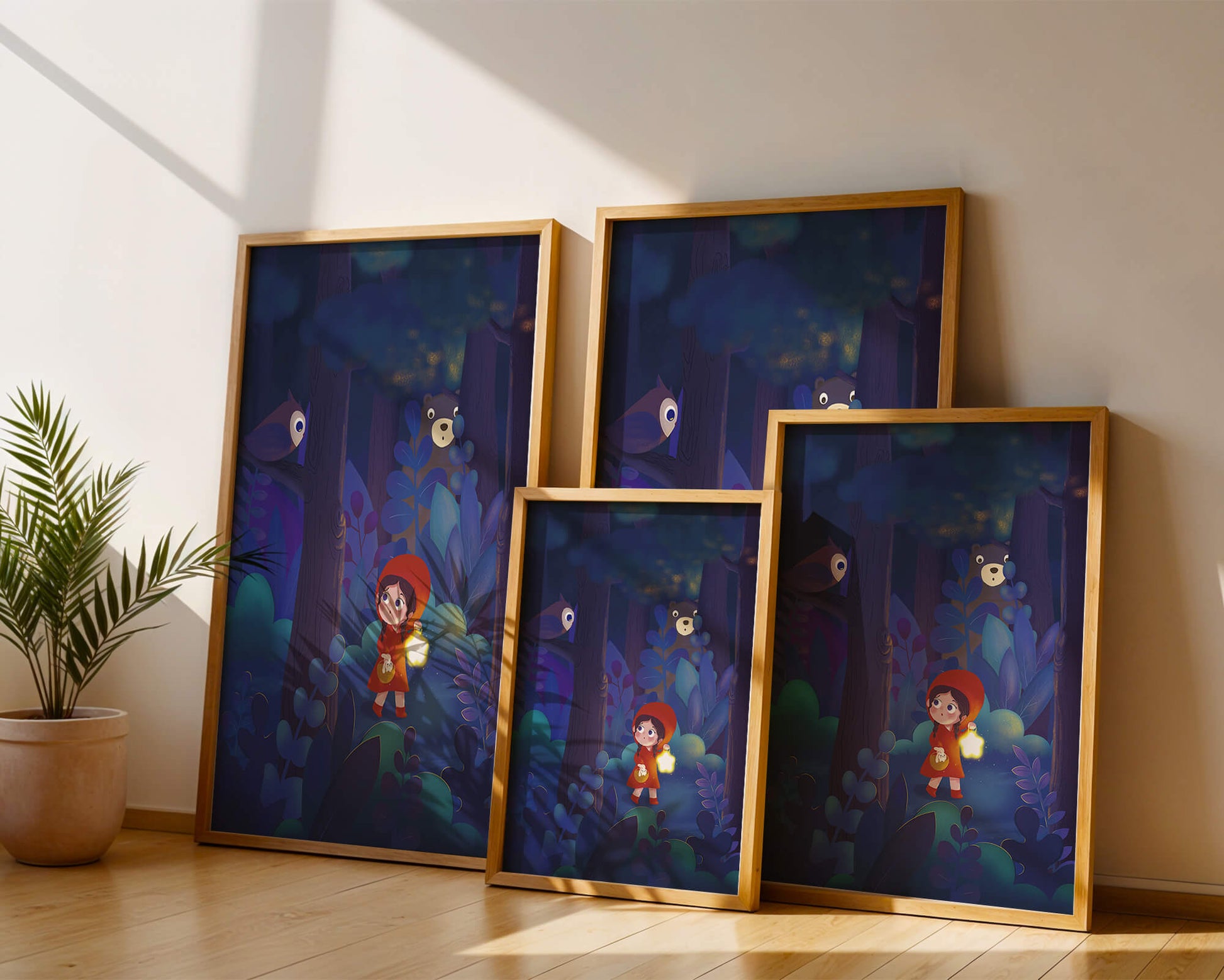 Little Girl in Red Hood Exploring Enchanted Forest at Night with Owl and Bear