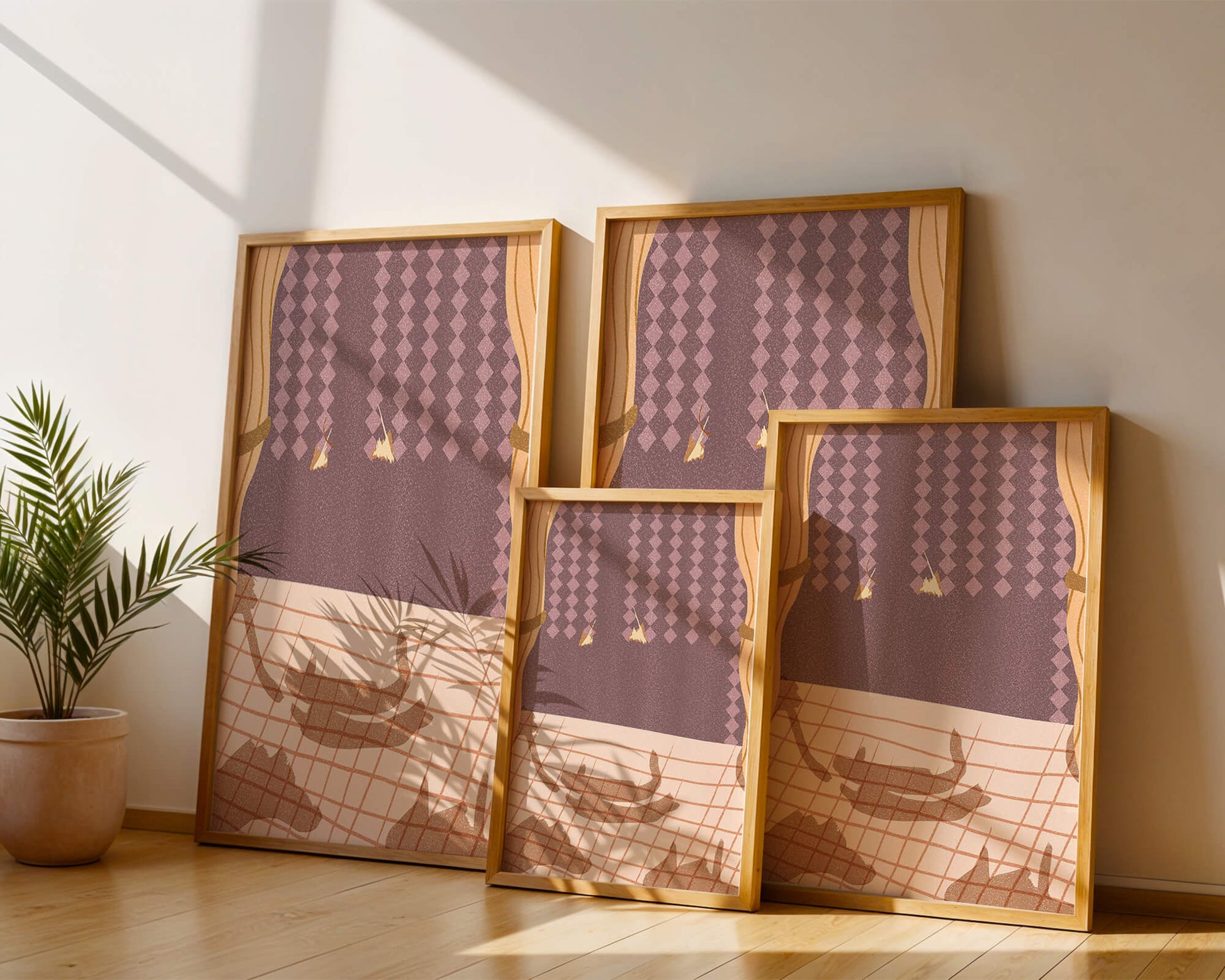 Abstract Interior with Cats' Shadows on Checkered Floor