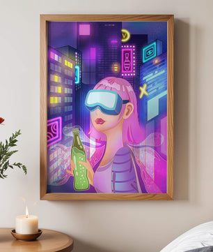 Escena urbana futurista con luces de neón y elementos de realidad virtual